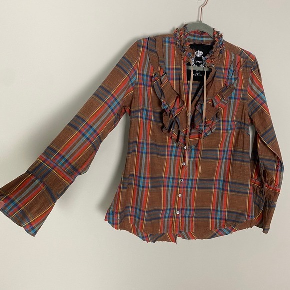 Cino Womens Plaid Button Down Shirt Small Ruffle Country Western Concert Rodeo - Picture 1 of 8